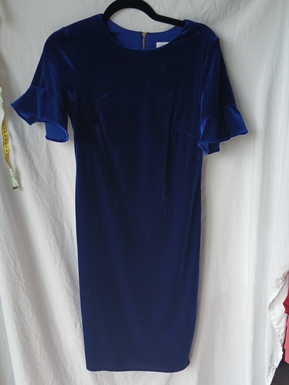 Calvin Klein Cobalt Blue Velvet Midi Dress with Ruffle Sleeves